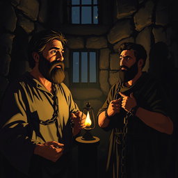 In a dimly lit prison cell, two men, Paul and Silas, are depicted in a moment of prayer and faith, despite being chained and imprisoned