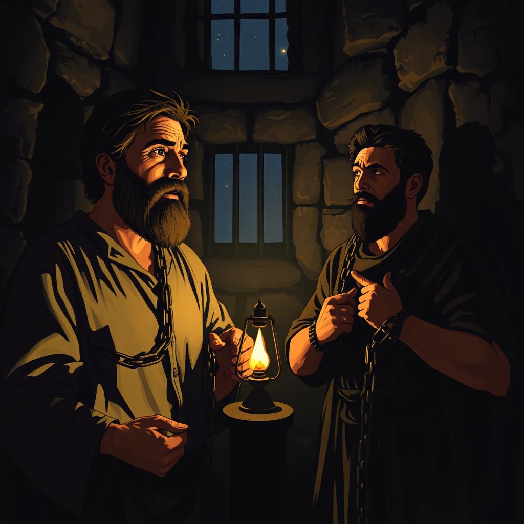 In a dimly lit prison cell, two men, Paul and Silas, are depicted in a moment of prayer and faith, despite being chained and imprisoned
