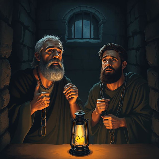In a dimly lit prison cell, two men, Paul and Silas, are depicted in a moment of prayer and faith, despite being chained and imprisoned