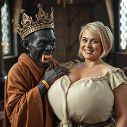In a striking Viking palace room, a captivating scene features a young African woman who is notably short, undernourished, and 20 years old, with deep, dark skin
