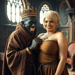 In a striking Viking palace room, a captivating scene features a young African woman who is notably short, undernourished, and 20 years old, with deep, dark skin