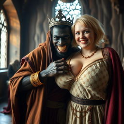 In a striking Viking palace room, a captivating scene features a young African woman who is notably short, undernourished, and 20 years old, with deep, dark skin