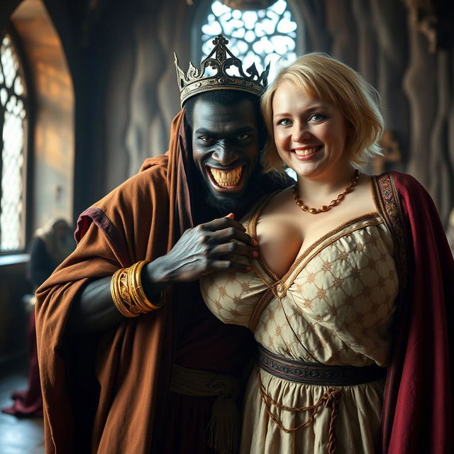 In a striking Viking palace room, a captivating scene features a young African woman who is notably short, undernourished, and 20 years old, with deep, dark skin