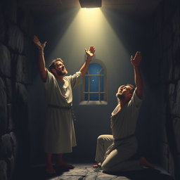 At midnight in a dimly lit prison cell, Paul and Silas are captured in a profound moment of prayer and worship