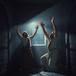 At midnight in a dimly lit prison cell, Paul and Silas are captured in a profound moment of prayer and worship