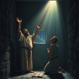 At midnight in a dimly lit prison cell, Paul and Silas are captured in a profound moment of prayer and worship