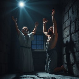 At midnight in a dimly lit prison cell, Paul and Silas are captured in a profound moment of prayer and worship