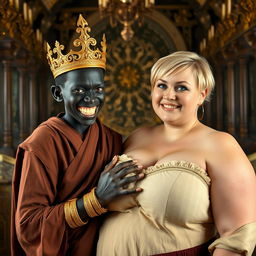 In an elaborate Viking palace room, a striking scene showcases a young African woman, notably short, undernourished, and 20 years old, with deep black skin