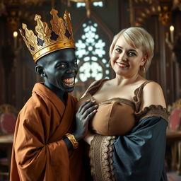In an elaborate Viking palace room, a striking scene showcases a young African woman, notably short, undernourished, and 20 years old, with deep black skin