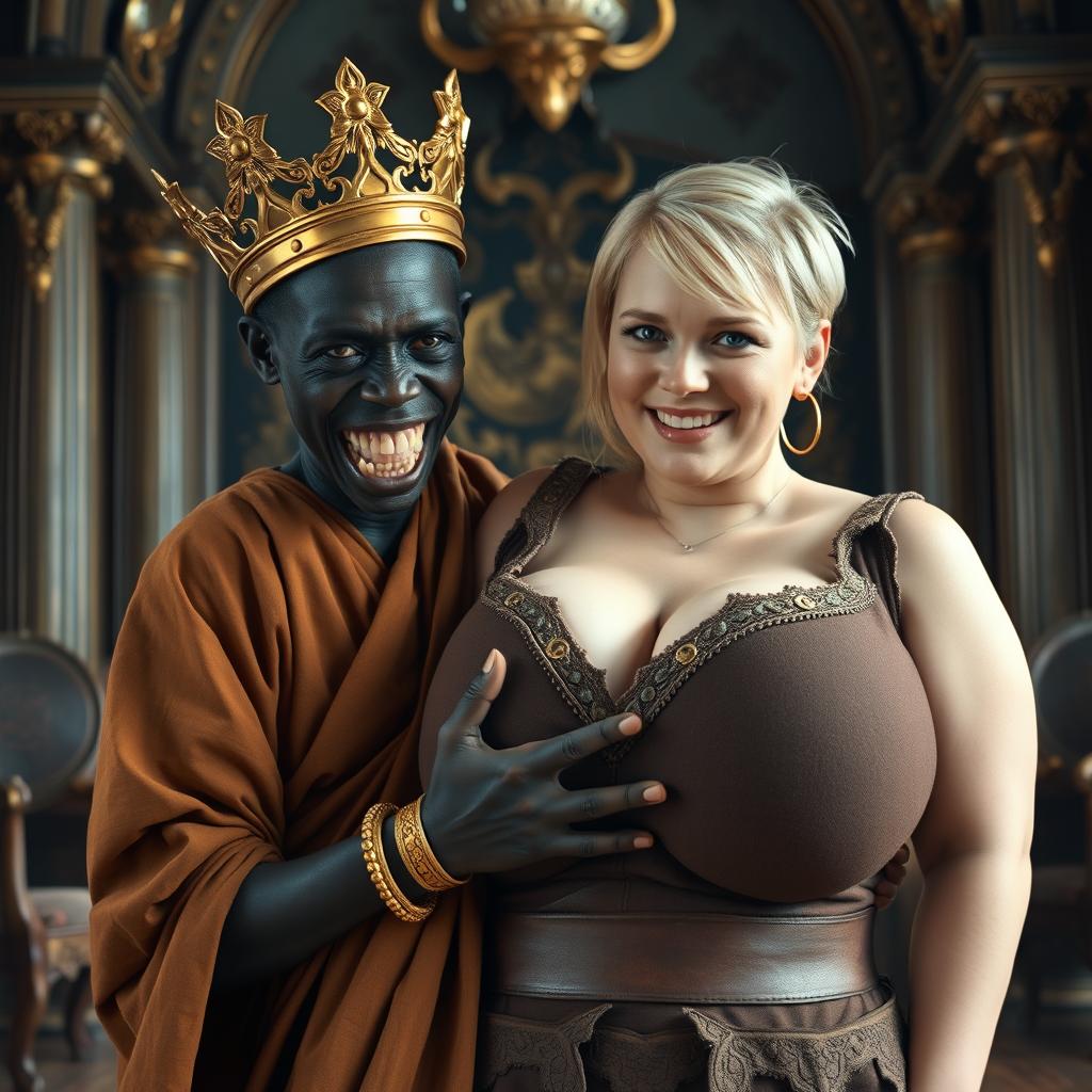 In an elaborate Viking palace room, a striking scene showcases a young African woman, notably short, undernourished, and 20 years old, with deep black skin