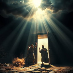 In a dramatic scene inspired by Acts 16:25-26, the moment unfolds as the heavens respond to Paul and Silas's fervent prayer in the prison cell