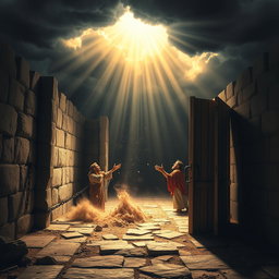In a dramatic scene inspired by Acts 16:25-26, the moment unfolds as the heavens respond to Paul and Silas's fervent prayer in the prison cell