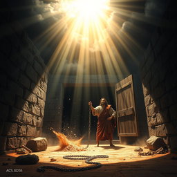 In a dramatic scene inspired by Acts 16:25-26, the moment unfolds as the heavens respond to Paul and Silas's fervent prayer in the prison cell