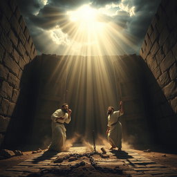 In a dramatic scene inspired by Acts 16:25-26, the moment unfolds as the heavens respond to Paul and Silas's fervent prayer in the prison cell