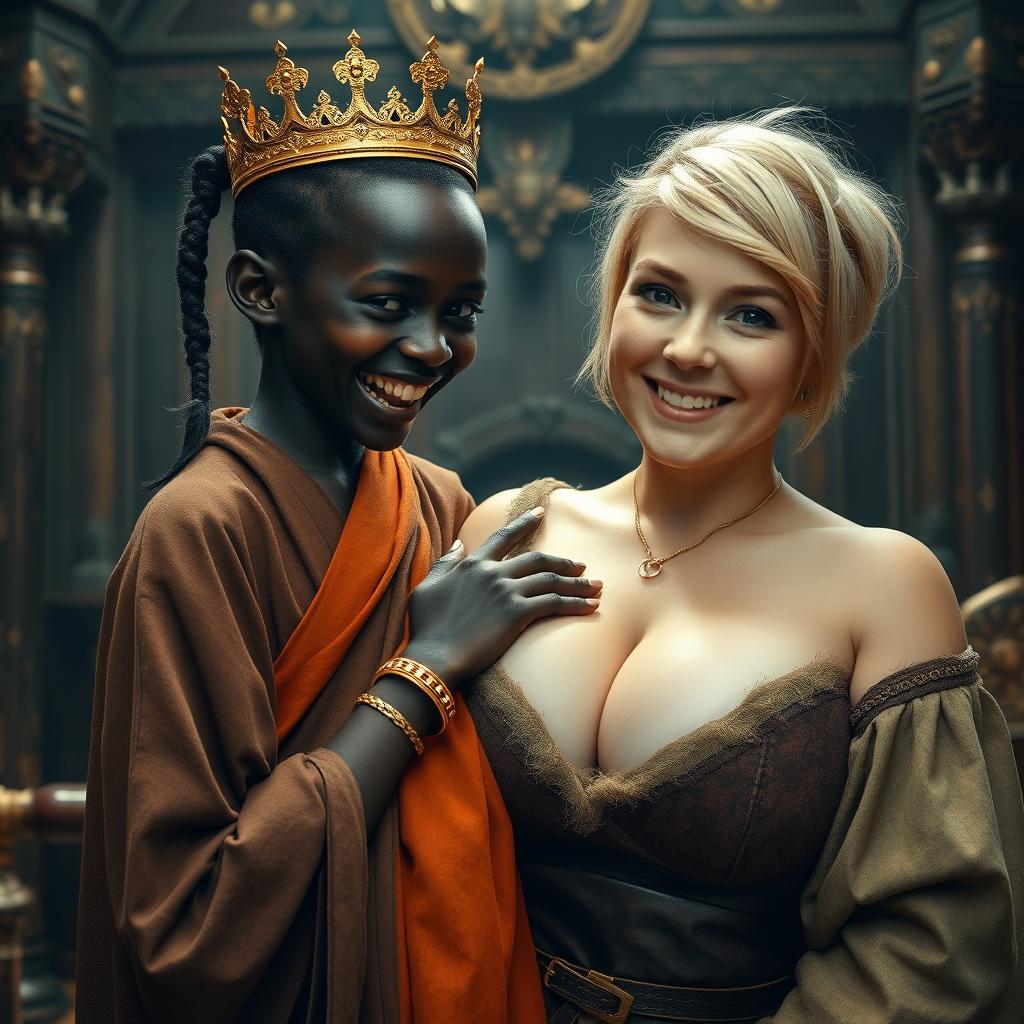 In an intricate Viking palace room, a vivid scene captures a young, very short African woman, undernourished at 20 years old, with deep black skin, adorned in a long, fully closed Buddhist robe that highlights her frail frame