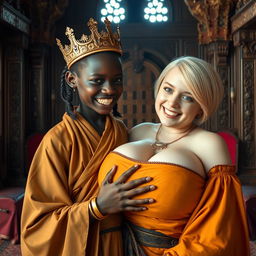 In an intricate Viking palace room, a vivid scene captures a young, very short African woman, undernourished at 20 years old, with deep black skin, adorned in a long, fully closed Buddhist robe that highlights her frail frame