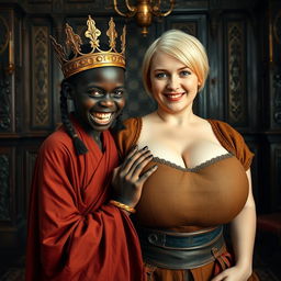 In an intricate Viking palace room, a vivid scene captures a young, very short African woman, undernourished at 20 years old, with deep black skin, adorned in a long, fully closed Buddhist robe that highlights her frail frame