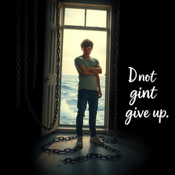 A powerful, motivational scene depicting a person caught in a moment of reflection, embodying the theme of feeling trapped but refusing to give up