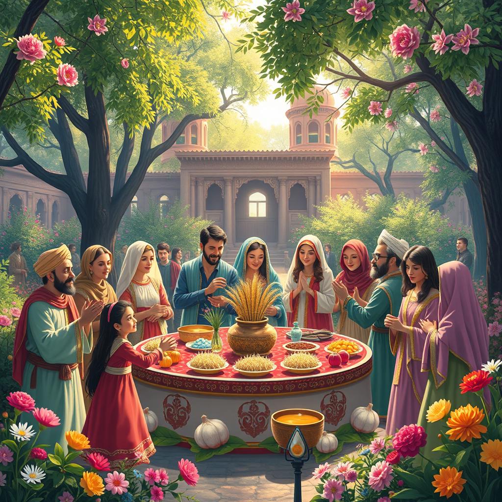 A vibrant and colorful depiction of the ancient Persian festival of Nowruz, showcasing traditional elements such as a Haft-Seen table beautifully arranged with seven symbolic items including sprouted wheat (Sabzeh), garlic (Samanu), vinegar (Serkeh), and blooming flowers (Sonbol), all set against a backdrop of spring blooms and lush greenery