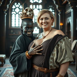 Inside an intricately designed Viking palace room, a vivid scene captures a young, very short African woman, undernourished at 20 years old, with deep black skin