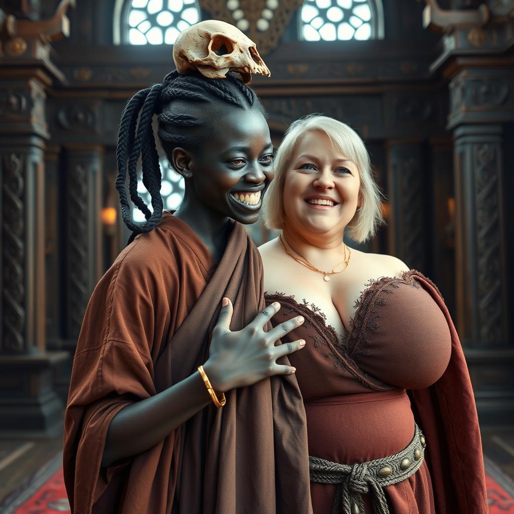 Inside an intricately designed Viking palace room, a vivid scene captures a young, very short African woman, undernourished at 20 years old, with deep black skin