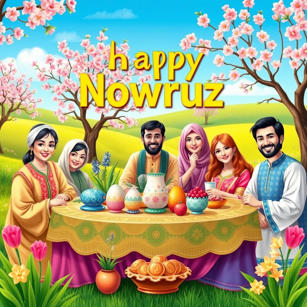 A vibrant and colorful depiction of the Persian New Year, known as Nowruz, celebrating the arrival of spring