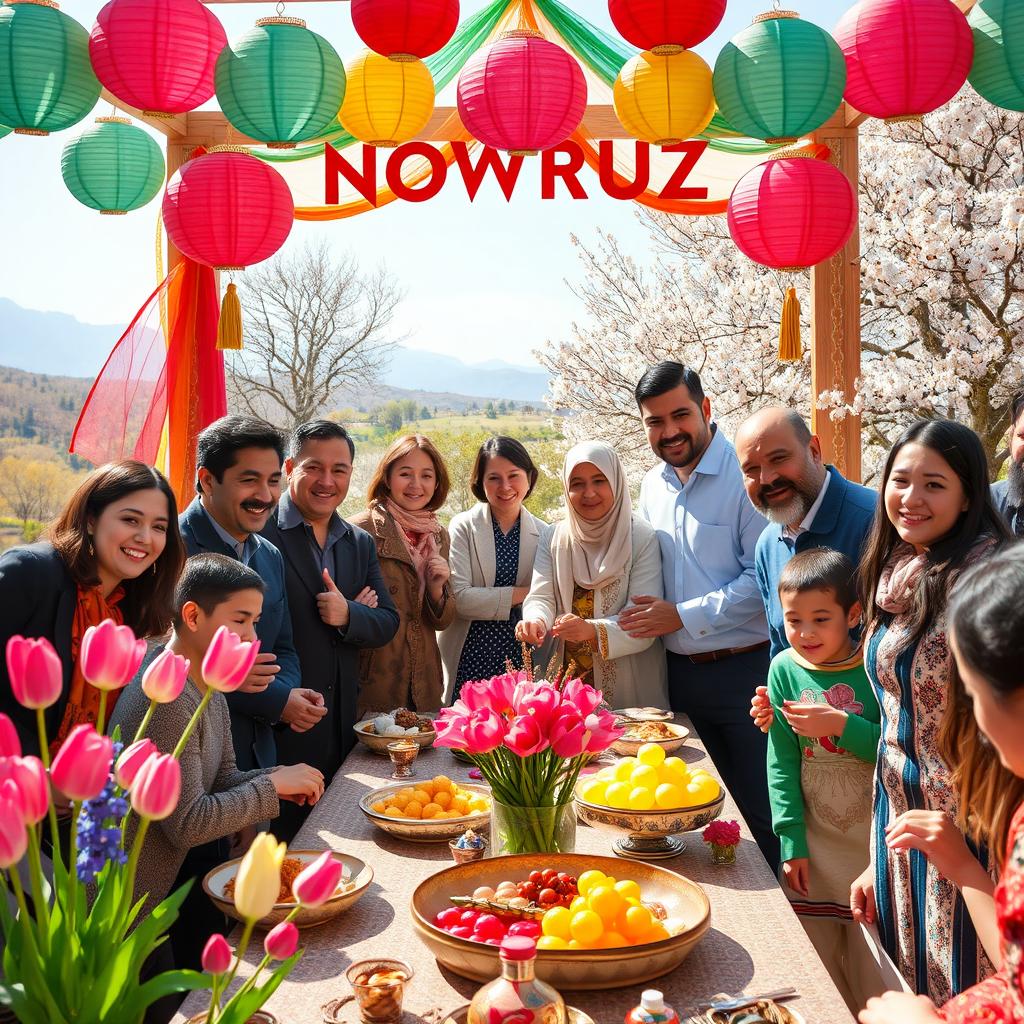 A joyful and vibrant celebration of Nowruz, featuring colorful decorations, traditional Persian motifs, and cheerful people dressed in festive attire