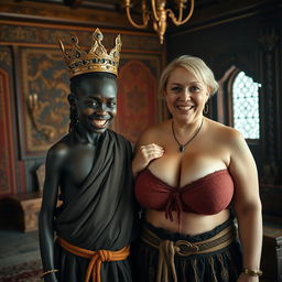 In a Viking palace room adorned with rich tapestries and elaborate wooden fixtures, a strikingly unique scene unfolds