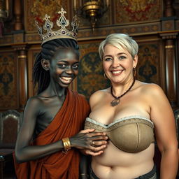 In a Viking palace room adorned with rich tapestries and elaborate wooden fixtures, a strikingly unique scene unfolds