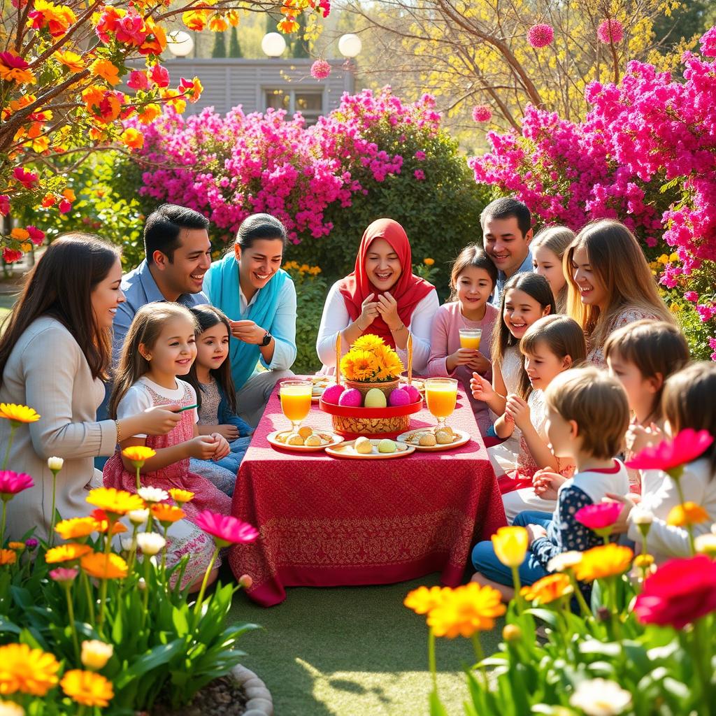 A vibrant celebration of Persian New Year (Norooz) featuring joyous people dressed in traditional clothing, gathered together in a lush garden filled with colorful spring flowers