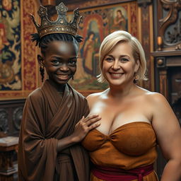 In a Viking palace room, lavishly decorated with intricate tapestries and wooden carvings, a vivid scene captures a young, diminutive black African woman, appearing to be around 20 years old