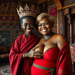 In a Viking palace room, lavishly decorated with intricate tapestries and wooden carvings, a vivid scene captures a young, diminutive black African woman, appearing to be around 20 years old