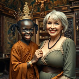 In a Viking palace room, lavishly decorated with intricate tapestries and wooden carvings, a vivid scene captures a young, diminutive black African woman, appearing to be around 20 years old