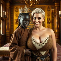 In an opulent Viking palace room, a young Black African woman, petite due to dwarfism and malnourished, around 20 years old with a deep black complexion