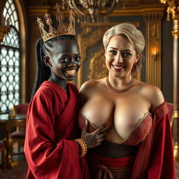 In an opulent Viking palace room, a young Black African woman, petite due to dwarfism and malnourished, around 20 years old with a deep black complexion