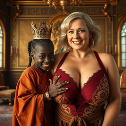 In an opulent Viking palace room, a young Black African woman, petite due to dwarfism and malnourished, around 20 years old with a deep black complexion
