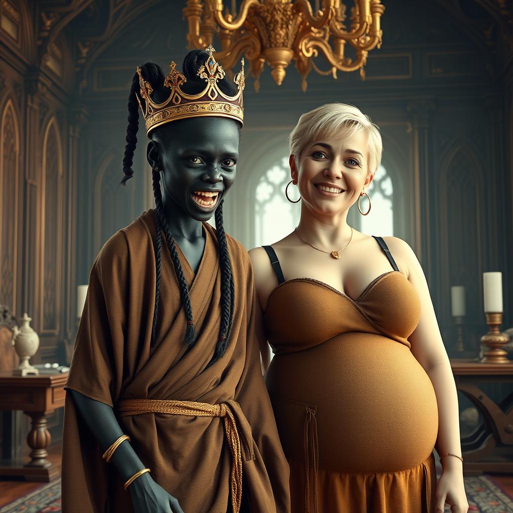 In a lavish Viking palace room filled with opulent decor and intricate woodwork, a captivating scene unfolds