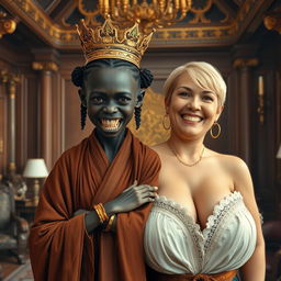 In a lavish Viking palace room filled with opulent decor and intricate woodwork, a captivating scene unfolds