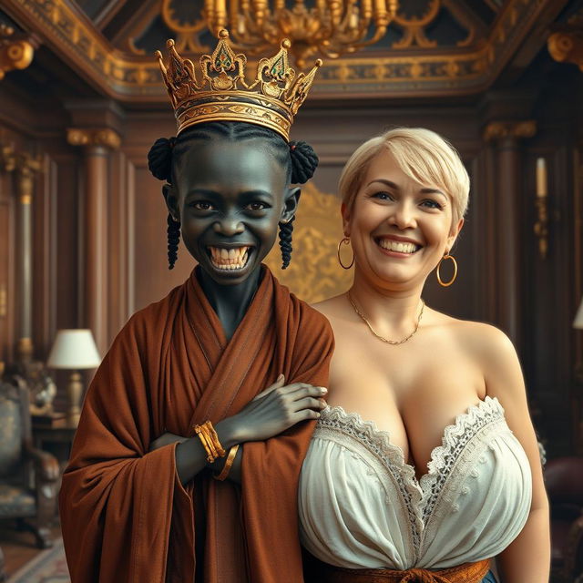 In a lavish Viking palace room filled with opulent decor and intricate woodwork, a captivating scene unfolds