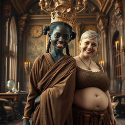 In a lavish Viking palace room filled with opulent decor and intricate woodwork, a captivating scene unfolds