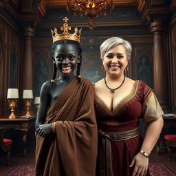 In a lavish Viking palace room filled with opulent decor and intricate woodwork, a captivating scene unfolds