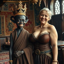 In an intricately decorated Viking palace room filled with rich tapestries and ornate wooden details, a fantastical scene comes to life