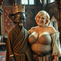 In an intricately decorated Viking palace room filled with rich tapestries and ornate wooden details, a fantastical scene comes to life