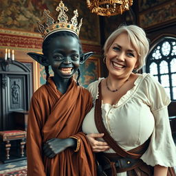 In an intricately decorated Viking palace room filled with rich tapestries and ornate wooden details, a fantastical scene comes to life