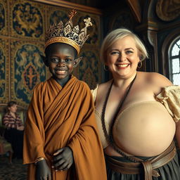 In an intricately decorated Viking palace room filled with rich tapestries and ornate wooden details, a fantastical scene comes to life