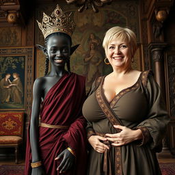 In an elaborately adorned Viking palace room filled with exquisite tapestries and ornate wood carvings, the scene features a striking pair of women