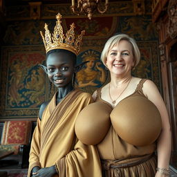 In an elaborately adorned Viking palace room filled with exquisite tapestries and ornate wood carvings, the scene features a striking pair of women