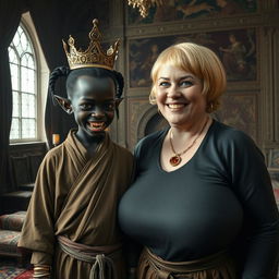 In a richly decorated Viking palace room filled with elaborate tapestries and ornate furnishings, a fascinating scene is presented