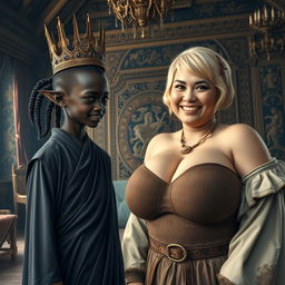 In a richly decorated Viking palace room filled with elaborate tapestries and ornate furnishings, a fascinating scene is presented