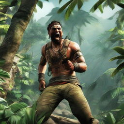 A fierce native NPC character from Far Cry 3, dressed in tribal attire, waving an AK47 overhead and yelling 'Who's the man? Me!' in the midst of a lush, chaotic jungle.